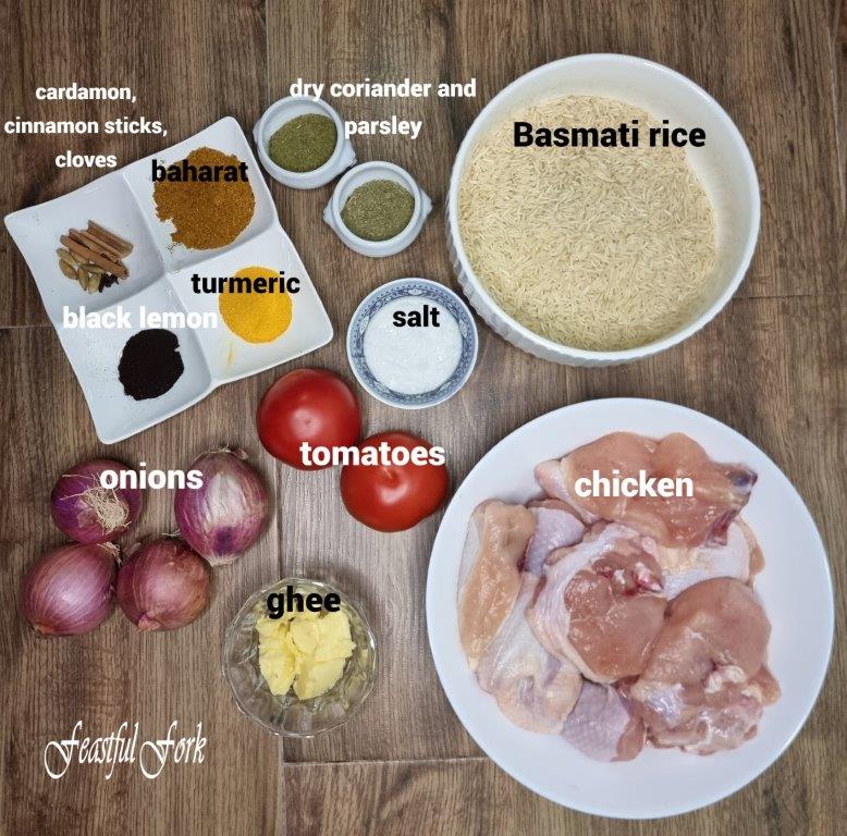 Raw ingredients fro chicken machboos