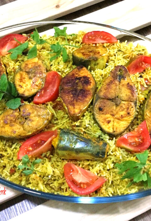 Fish biryani on a serving dish