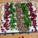 Eggplant fatteh with beef and hummus