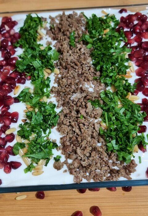 Eggplant fatteh with beef and hummus