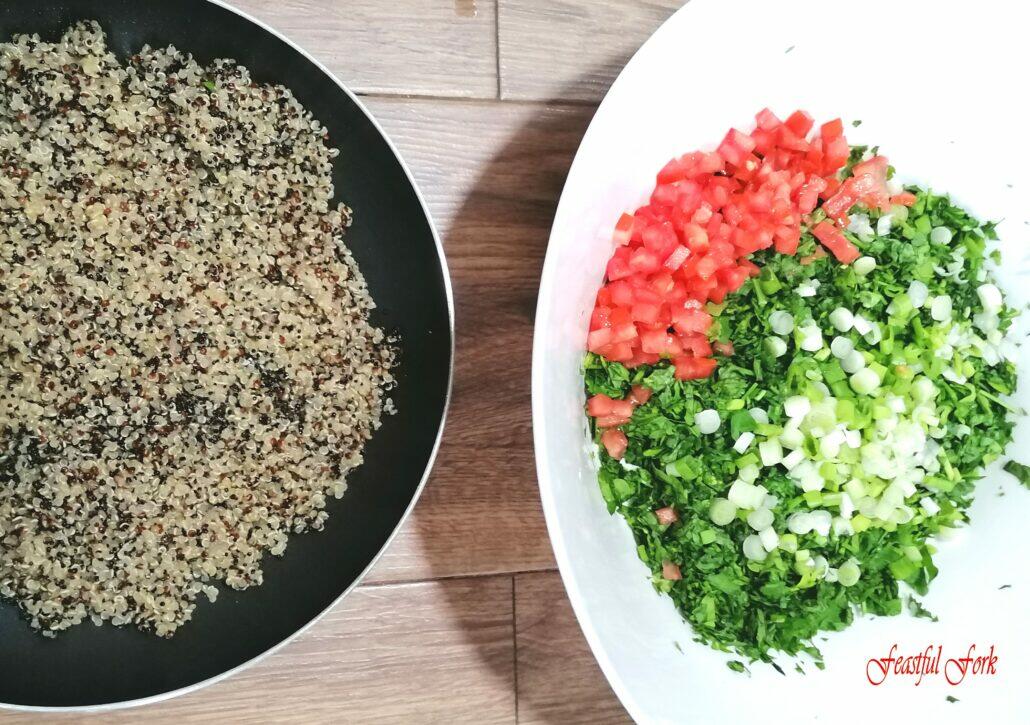 cooked quinoa and vegetable ingredients for tabbouleh
