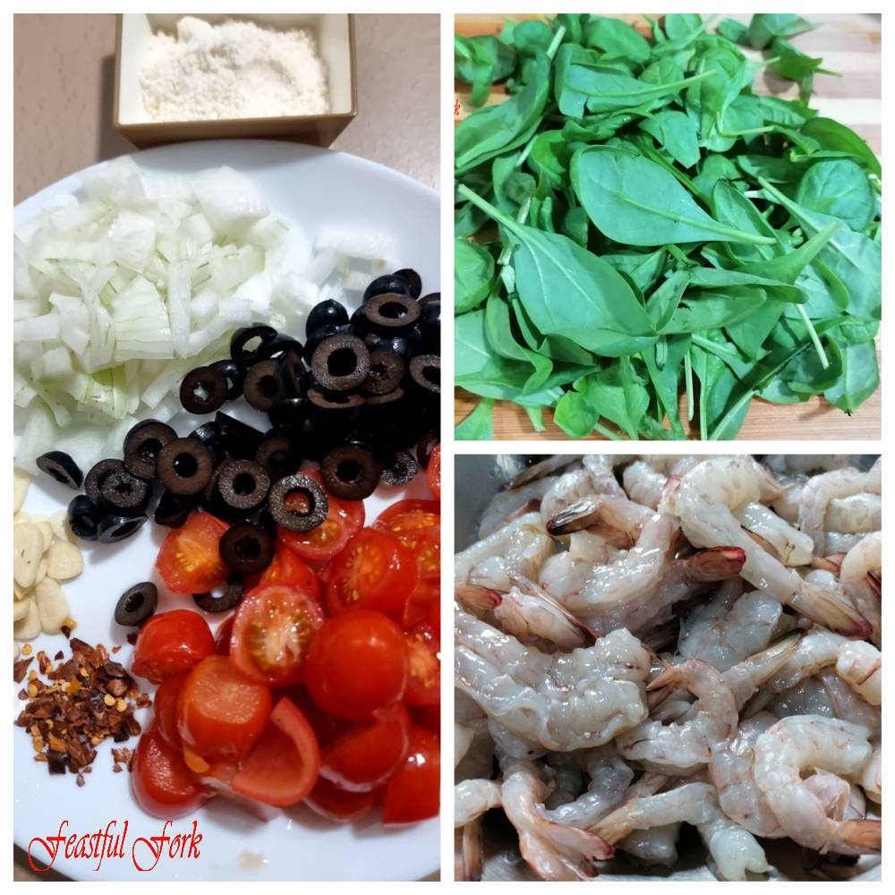 Ingredients for shrimp and pasta with spinach