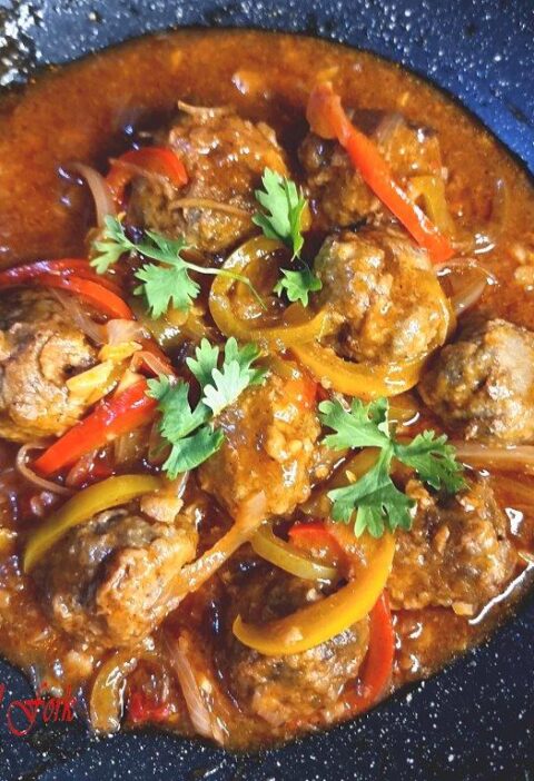Sweet and sour meatballs on a pan