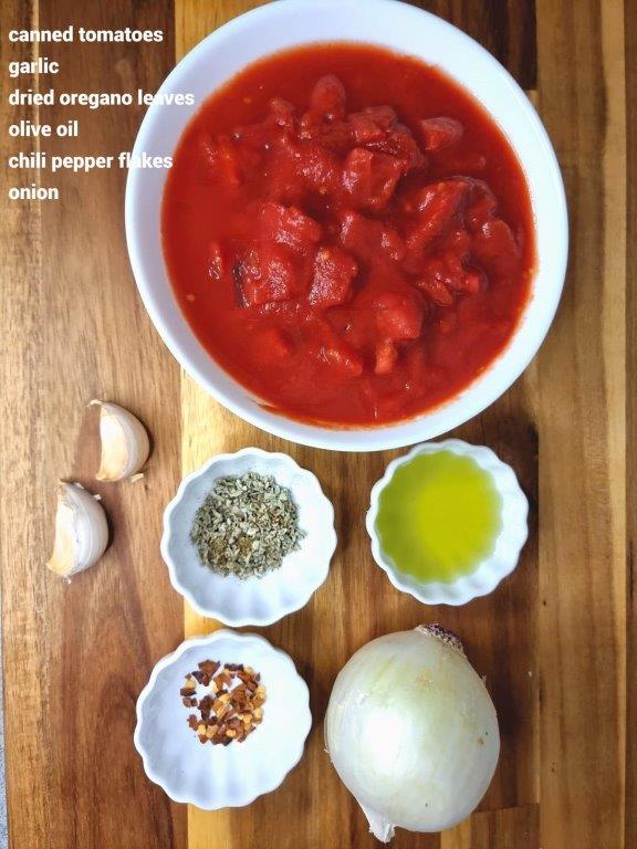 Ingredients for recipe for pasta with marinara sauce