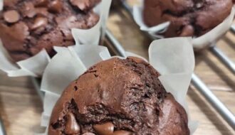 A batch of double chocolate chip muffins