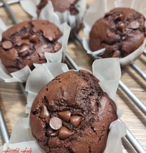 A batch of double chocolate chip muffins