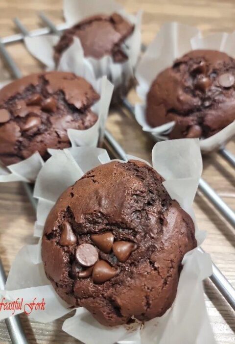 A batch of double chocolate chip muffins