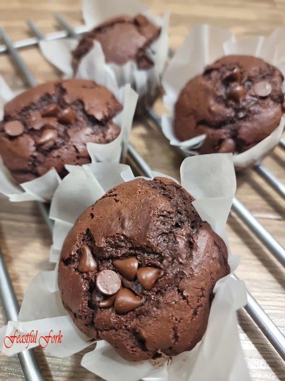 A batch of double chocolate chip muffins