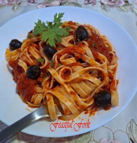 Italian Pasta Puttanesca on a Plate