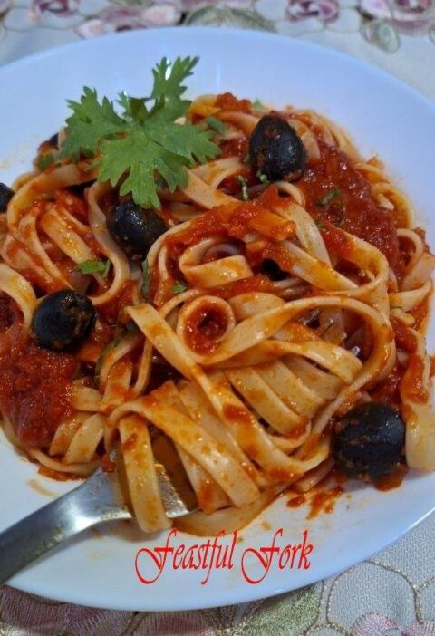 Italian Pasta Puttanesca on a Plate